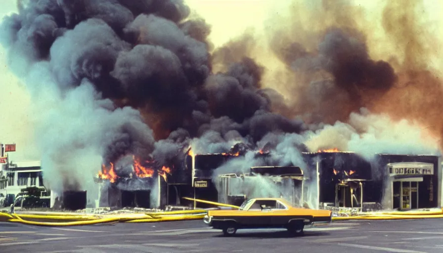 Image similar to 7 0 s movie still of chase bank burning, cinestill 8 0 0 t 3 5 mm eastmancolor, heavy grain, high quality, high detail