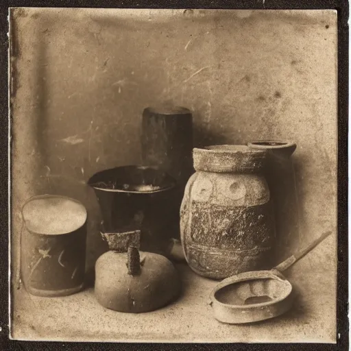 Image similar to Tintype photograph of primitive objects and a ready-made displayed in an ethnographic museum, archive material, anthropology, 1920s studio lighting.