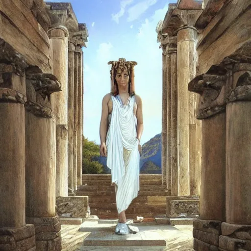 Prompt: young ancient greek godess in helmet, ancient greek temple, by David Ligare, wide angle scifi landscape, hyperrealistic surrealism, award winning masterpiece with incredible details, epic stunning, infinity pool, a surreal vaporwave liminal space, highly detailed, trending on ArtStation, artgerm and greg rutkowski and alphonse mucha, daily deviation, IAMAG, broken giant marble head statue ruins, golden hour