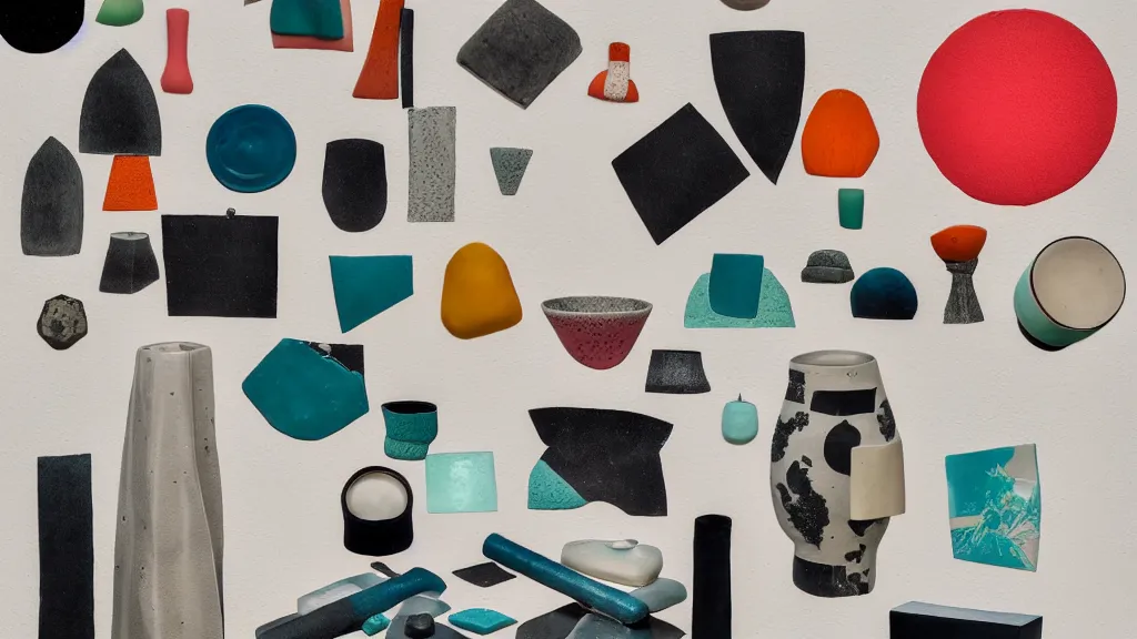 Prompt: an arrangement of ceramic handcrafts, japan, a collage painting, in the style of wes anderson, lola dupre, david hockney, isolated on negative white space background dark monochrome neon spraypaint accents volumetric octane render