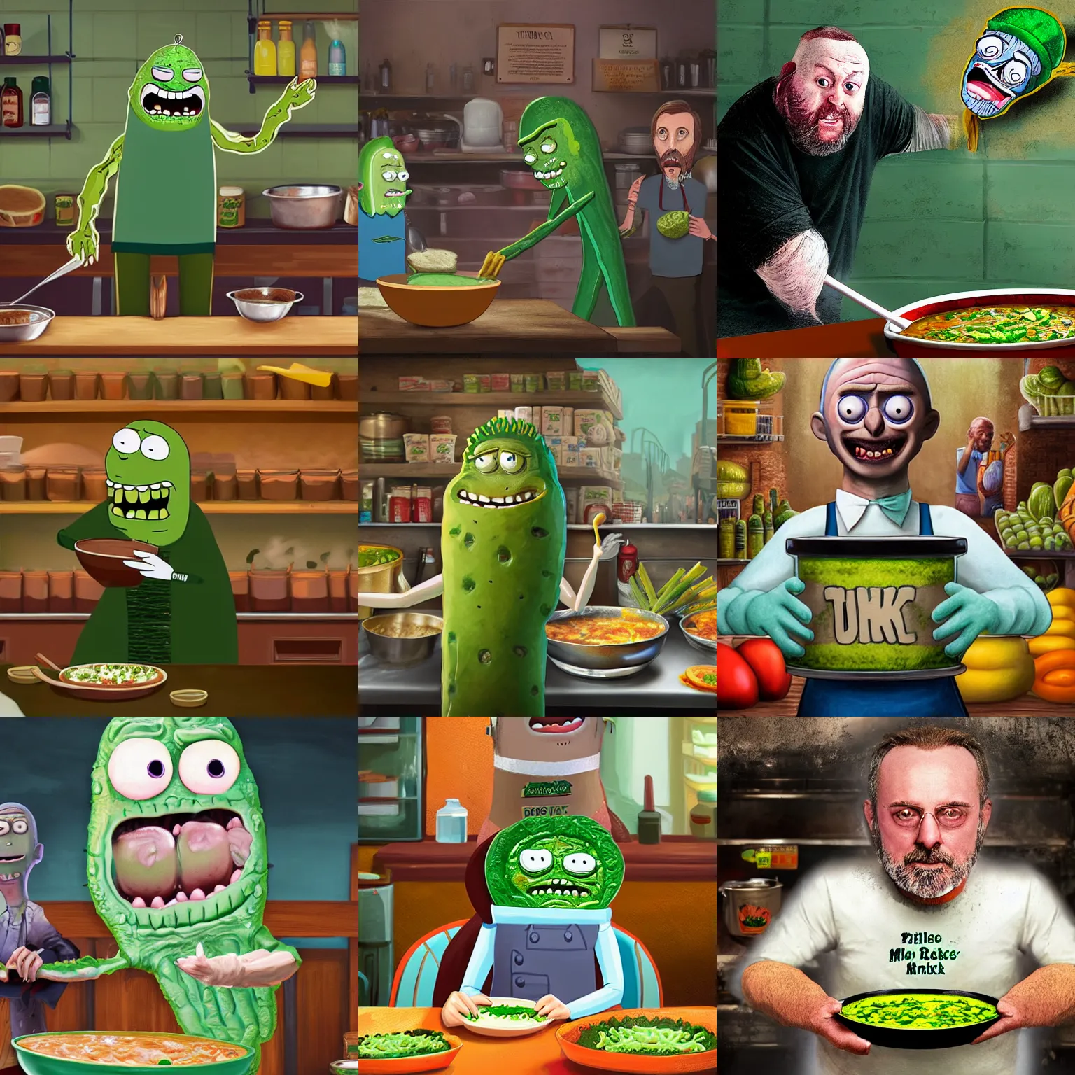 Prompt: pickle rick serving in a soup kitchen, detailed portrait, matte painting, serving soup