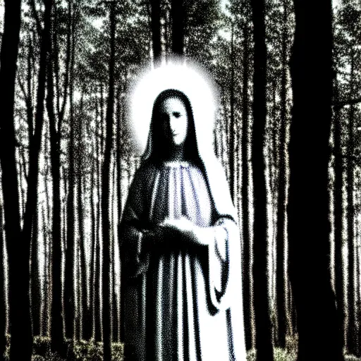 Image similar to marian apparition in forest, high contrast, found footage, vhs, 1 9 9 0, beautiful, highly realistic, highly detailed, vhs noise static, black and white, vhs glitch