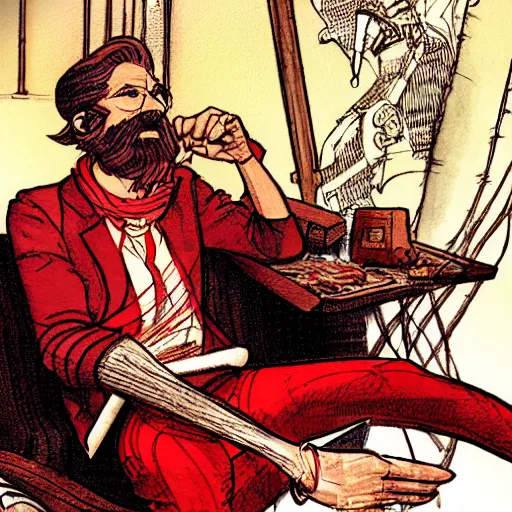 Image similar to rackham the red sitting in podcast! studio, in the style of moebius