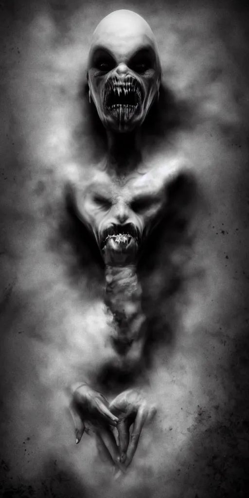 Prompt: a horrifying black and white nightmare of a creepy magazine editorial hassleblad octane render cinema 4 d vampire god in black robes ultra realistic close up face shot of the shadow eater ghost with his demonic mouth wide open volumetric lighting moody lighting god rays misty award winning top light from the year 1 9 3 0