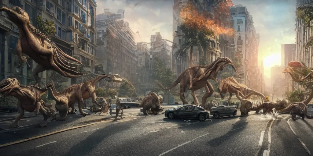 Image similar to a photographic picture of a street full of dinosaurs, photographic filter, unreal engine 5, realistic, hyperdetailed, 8 k, cinematic, volumetric lighting, very realistic effect, hd, hdr, 4 k, sharp focus, octane render, ultra detailed, high resolution, trending on artstation in the style of albert dros glowing rich colors powerful imagery