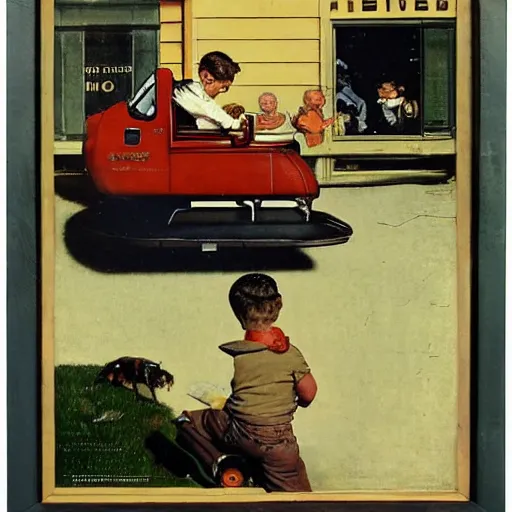 Image similar to a Norman Rockwell painting of a boy driving a hover-car