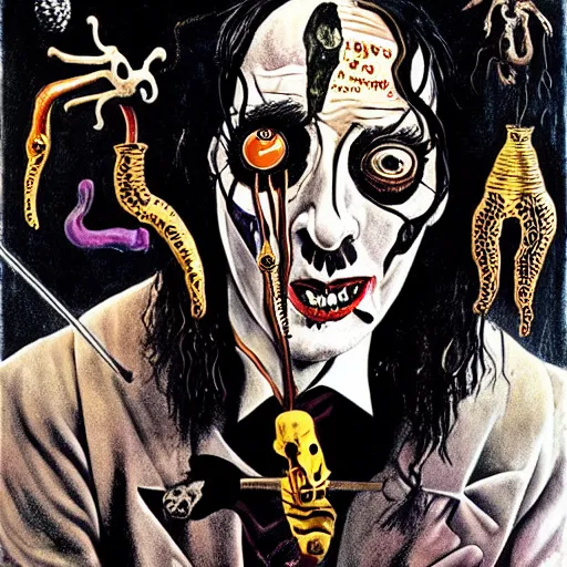 Image similar to graphic illustration, creative design, salvador dali as alice cooper, biopunk, francis bacon, highly detailed, hunter s thompson, concept art