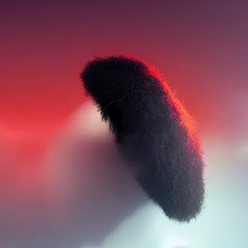 Prompt: a large glob of black fuzz floating in the middle of the screen, red eyes, white background, matte painting, concept art, 4 k