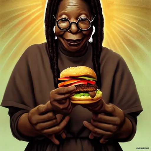 Image similar to portrait of Whoopi Goldberg eating hamburgers, extra onions and ketchup, luscious patty with sesame seeds, ethereal, holy sacred light rays, handsome, D&D, fantasy, intricate, elegant, highly detailed, digital painting, artstation, concept art, matte, sharp focus, illustration, art by Artgerm and Greg Rutkowski and Alphonse Mucha