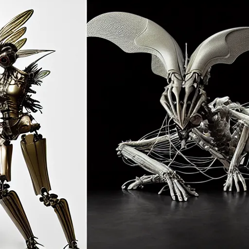 Prompt: still frame from Prometheus movie by Makoto Aida, flying biomechanical angel gynoid by giger, mimicking devil's dragon flower mantis, metal couture by neri oxmn and Guo pei, flying angel editorial by Malczewski and by Caravaggio