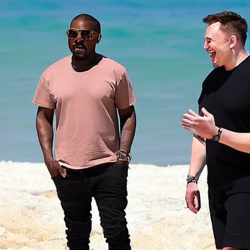 Prompt: elon musk and kanye west laughing chilling at the beach in aruba