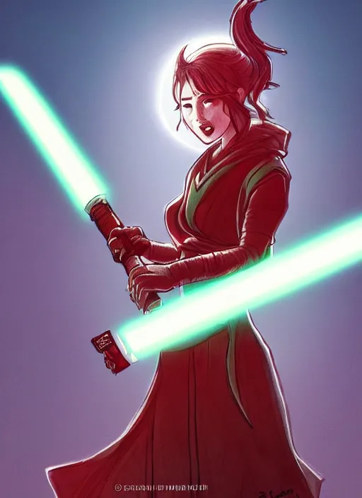 Prompt: comic style the moon character with evil emotion is holding a Jedi red sword in her hands artstation