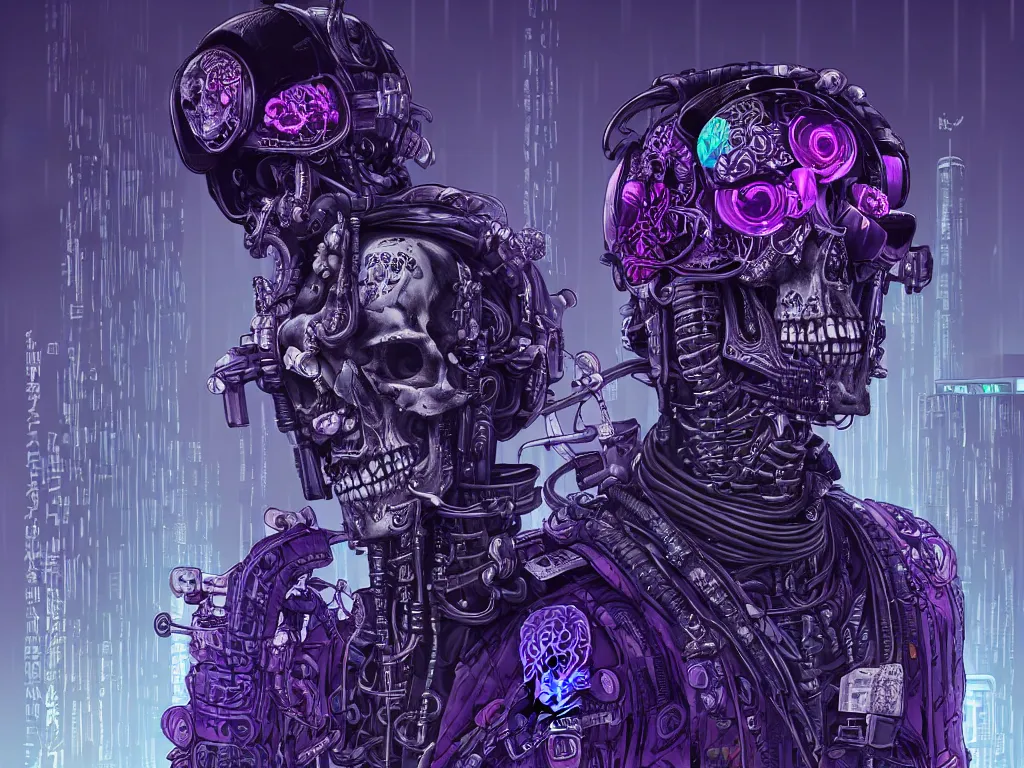 Image similar to high detailed dead android skull samurai with plants around the neck in a cyberpunk rainy city at night by Josan Gonzalez, purple and blue neons, unreal engine, high quality, 4K, UHD, trending on ArtStation, wires, blade runner vibes, ghost in the shell, akira, dorohedoro