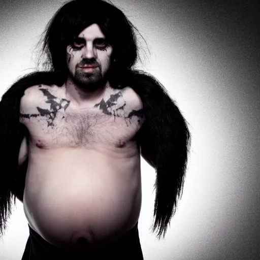 Prompt: goth man with a heavily pregnant belly and black shaggy hair, dramatic lighting