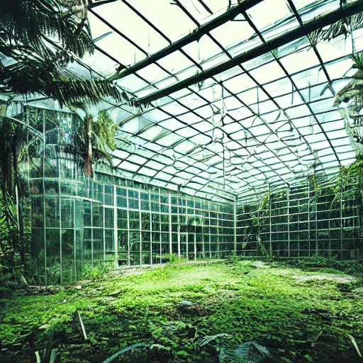 Prompt: hyperrealistic highdetailed abandoned modern greenhouse by tadao ando in the tropical wood, palms, overgrown place, trees are in building and go through house, birds in the sky, mystic, melancholy, pinhole analogue photo quality, lomography, scratches on photo, noise effect, blur effect, 3 5 mm, monochrome