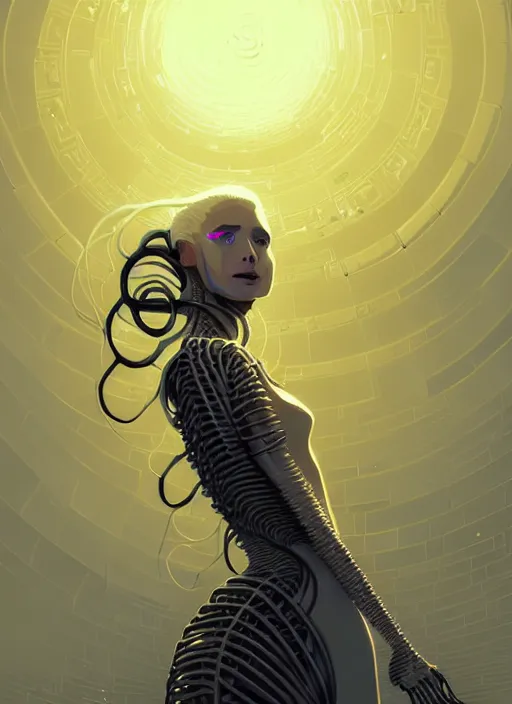 Image similar to highly detailed portrait of a biomechanical long curly white hair tribal lady, stray wiring by atey ghailan, james gilleard, by joe fenton, by greg rutkowski, by greg tocchini, by kaethe butcher, 4 k resolution, gradient yellow, black and white color scheme!!! ( ( dystopian robotic tessellating pyramid pouring sandfall background ) )