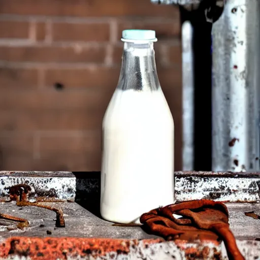 Image similar to bottle of milk, over a rusted metal table inside a jail cell in a slaughterhouse