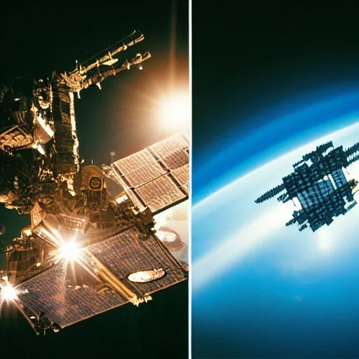 Prompt: photo of 2 space stations docking in space, backlit, cinematic lighting, 35mm film, action shot