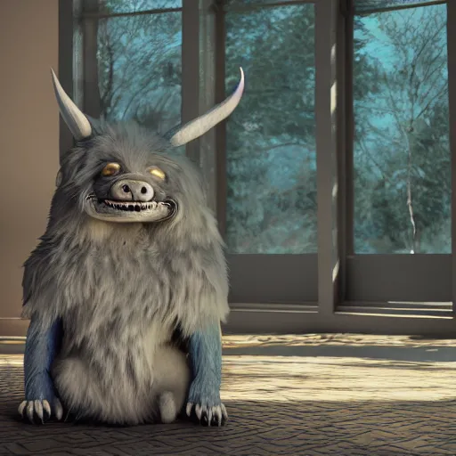 Image similar to furry friendly monster, photorealistic, colored, unreal engine, vray, 5 5 mm