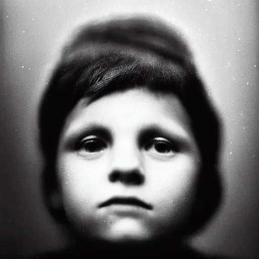 Prompt: portrait of other worldly beings, 85mm, by Diane Arbus, black and white, bokeh, silver halo around head