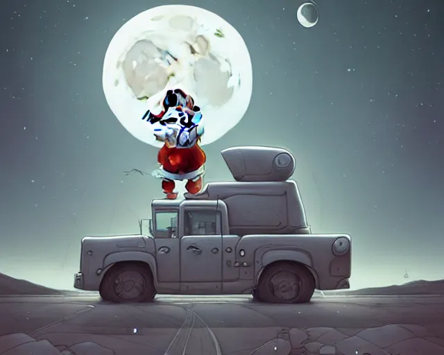 Image similar to a cell shaded cartoon grey mechanized santa, with a big head, on a desert road, wide shot, in front of a big moon, muted colors, post grunge, josan gonzales, wlop, by james jean, victor ngai, hq, deviantart, art by artgem