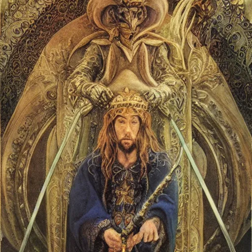 Image similar to Portrait of a sheep wizard holding a magical staff in ornamental magical robes, by Brian Froud, Jeff Easley, Alan Lee