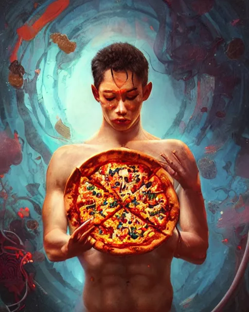 Prompt: detailed photo of meditating pizza monk, beautiful, 8 k, by tristan eaton, stanley artgermm, tom bagshaw, greg rutkowski, carne griffiths, trending on deviantart, hyper detailed, glorious lighting, epic environment