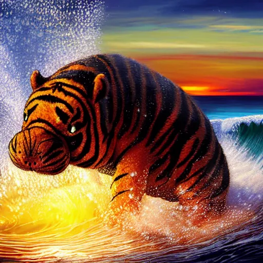 Image similar to a closeup photorealistic photograph of a smiling cute knitted tiger hippopotamus riding a large wave during sunset. surf in the background. professional capture. brightly lit scene. this 4 k hd image is trending on artstation, featured on behance, well - rendered, extra crisp, features intricate detail, epic composition and the style of unreal engine.