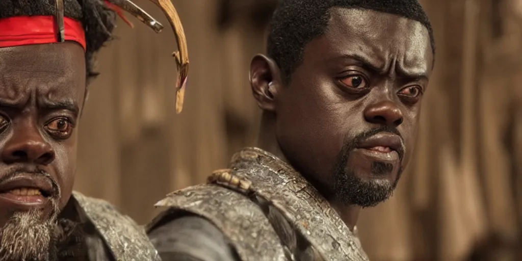 Image similar to a film still of daniel kaluuya starring as a japanese samurai in a japanese blockbuster film, shallow depth of field, cinematic, award winning cgi, vfx, film still