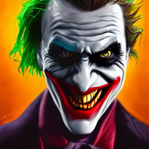 Prompt: the joker wearing the dark knight mask, snarling tweety, digital painting, amazing detail, art station, cgsociety