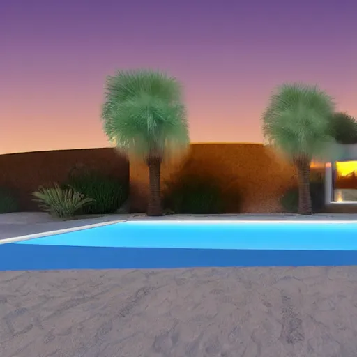 Image similar to a single pool in the middle of the desert at night, lights around the pool, dynamic lights, photorealistic concept art