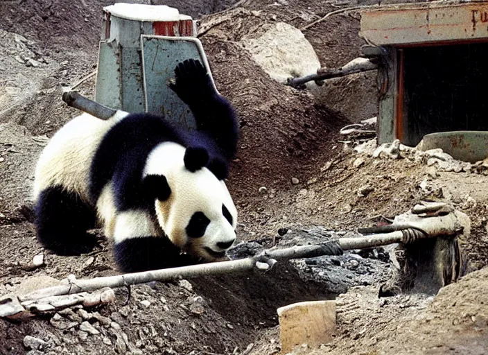 Prompt: 90's professional color photograph, A panda laboring in a mine.