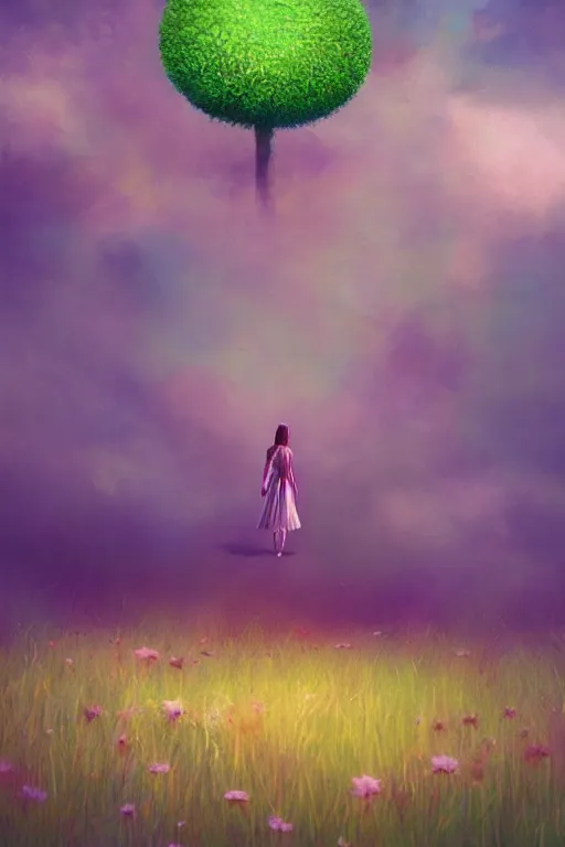 Image similar to giant daisy flower head, girl walking in a green forest, surreal photography, sunrise, dramatic light, impressionist painting, colorful clouds, digital painting, artstation, simon stalenhag