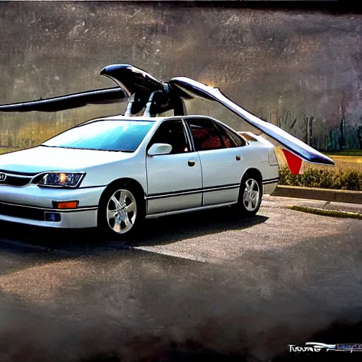 Prompt: toyota camry 9 9 with wings flying in the sky