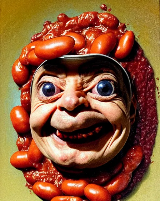 Image similar to portrait of mr bean's face in a bowl full of baked beans, face covered in beans and tomato sauce, beans in his eyes sockets, pile of beans on his head, baked beans instead of his eyes, mouth wide open and full of baked beans, overflowing with baked beans, rowan atkinson, muted colors, surrealist oil painting, highly detailed