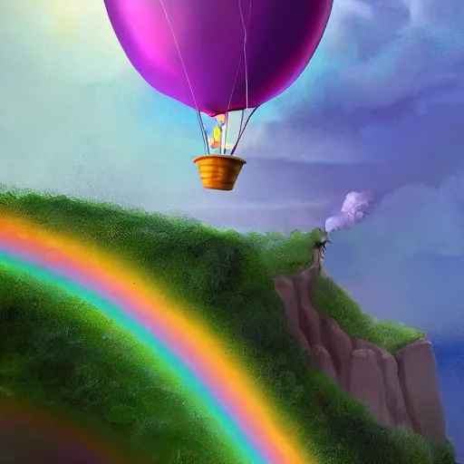 Prompt: crippled old man in a purple wheelchair at the edge of a cliff frowns as his rainbow - striped birthday balloon floats out of his reach into a sky full of storm clouds, pixar concept art, texture, highly detailed