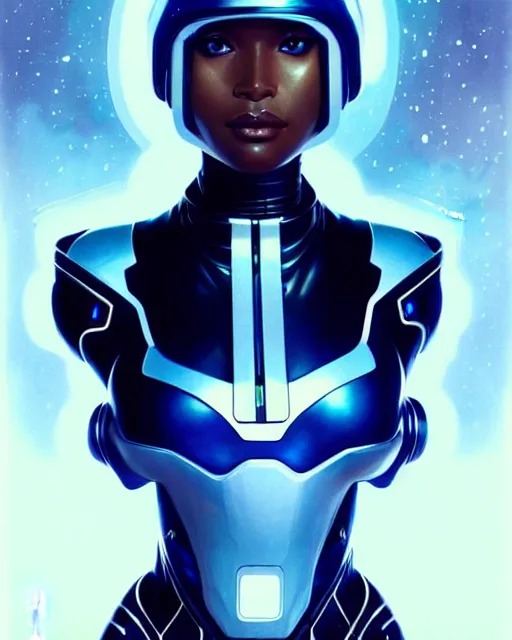 Image similar to Portrait of very very very very very very beautiful black woman, spacesuit, futuristic cybernetic helmet, blue eyes, real life skin, intricate, elegant, highly detailed, artstation, concept art, smooth, sharp focus, art by artgerm and greg rutkowski and alphonse mucha