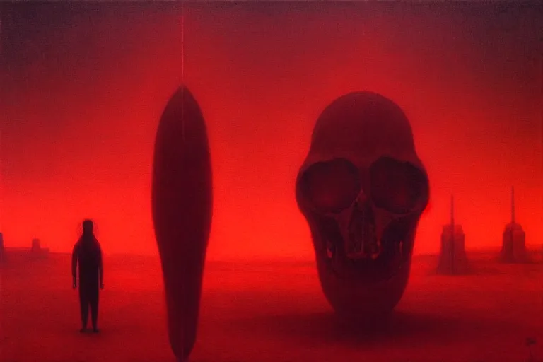 Image similar to only with red, red gif of death eat apple, a futuristic city in the background, an ancient path, in the style of beksinski, part by hopper, part by rodcenko, part by hofbauer, intricate composition, red by caravaggio, insanely quality, highly detailed, masterpiece, red light, artstation, 8 k