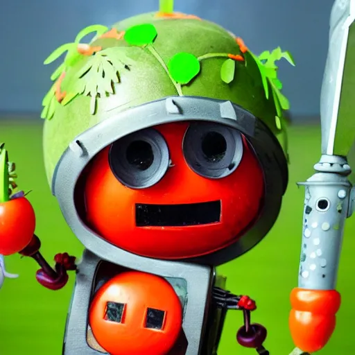 Image similar to little happy robot made of plants with big tomato hat and a carrot sword, made in abyss style