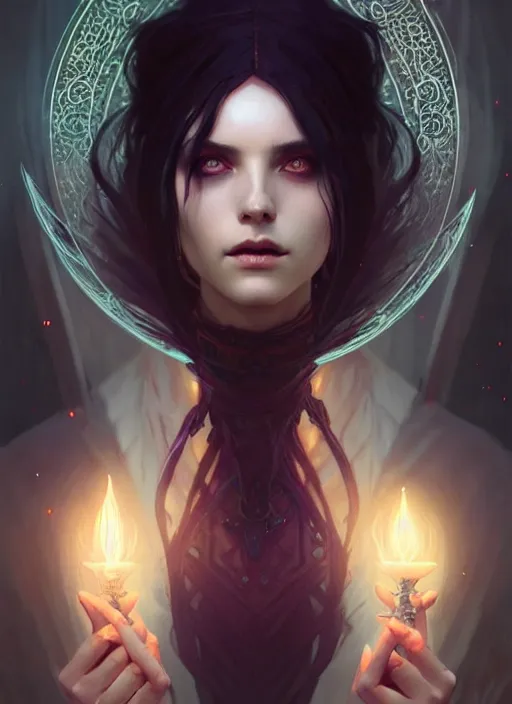 Prompt: a beautiful cinematic female Necromancer Sorceress, fantasy magic, undercut hairstyle, dark light night, intricate, elegant, sharp focus, illustration, highly detailed, digital painting, concept art, matte, art by WLOP and Artgerm and Greg Rutkowski and Alphonse Mucha, masterpiece