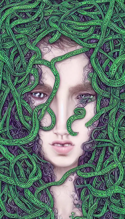 Image similar to very detailed portrait of a 2 0 years old girl surrounded by tentacles, the youg woman visage is blooming from fractal and vines, by esao andrew