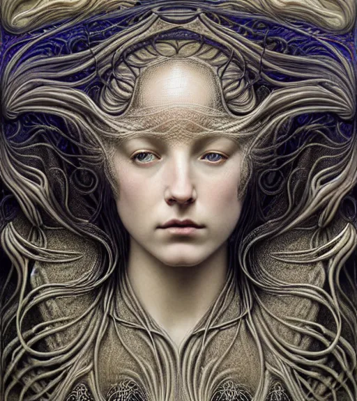 Image similar to detailed realistic beautiful lightning goddess face portrait by jean delville, gustave dore, iris van herpen and marco mazzoni, art forms of nature by ernst haeckel, art nouveau, symbolist, visionary, gothic, neo - gothic, pre - raphaelite, fractal lace, intricate alien botanicals, ai biodiversity, surreality, hyperdetailed ultrasharp octane render