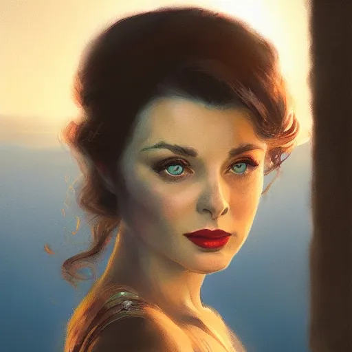 Prompt: a closeup portrait of a young beautiful vivian leigh, lake background, gorgeous view, sunset, film noir, serene, depth, by greg rutkowski, digital art, trending on artstation