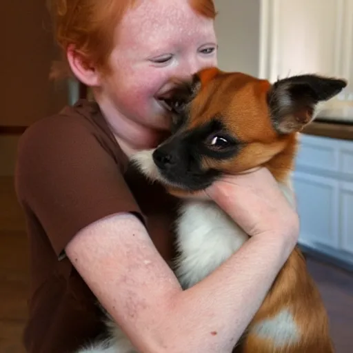 Prompt: peanut hugs a ginger small terrier dog