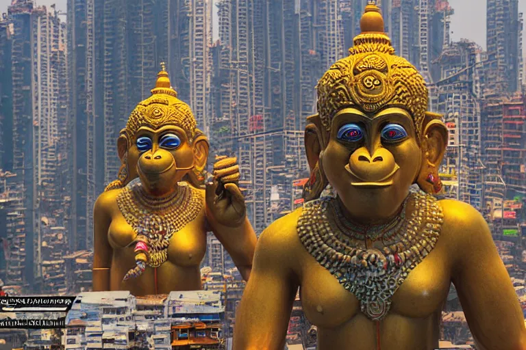 Image similar to high quality 3 d cyberpunk biomorphic hanuman head building in the middle of mumbai!!, kalighat highly detailed, cinematic smooth, stephen shore & john j. park, soft morning light, wide shot, high angle, uhd 8 k, deep focus