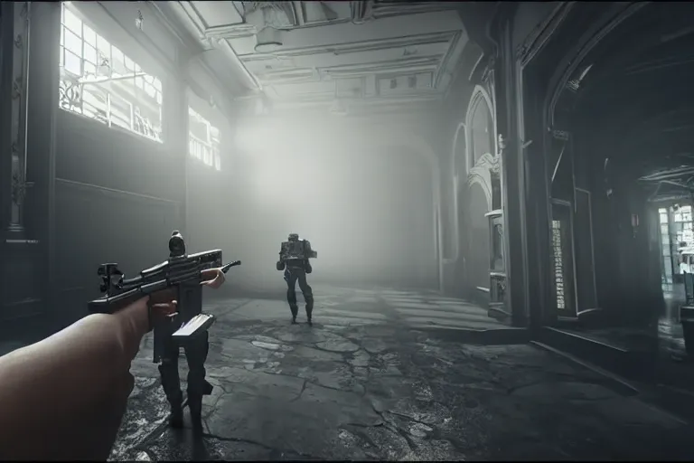 Prompt: a first person shooter game trailer on a victorian shopping mall, cinematic lightning, ray tracing, unreal engine 5, photorealistic, 8 k, uhd, 4 k holding a ak - 4 7, fps game concept, extremely detailed, beautiful, elegant, intricate, foggy, in - game footage