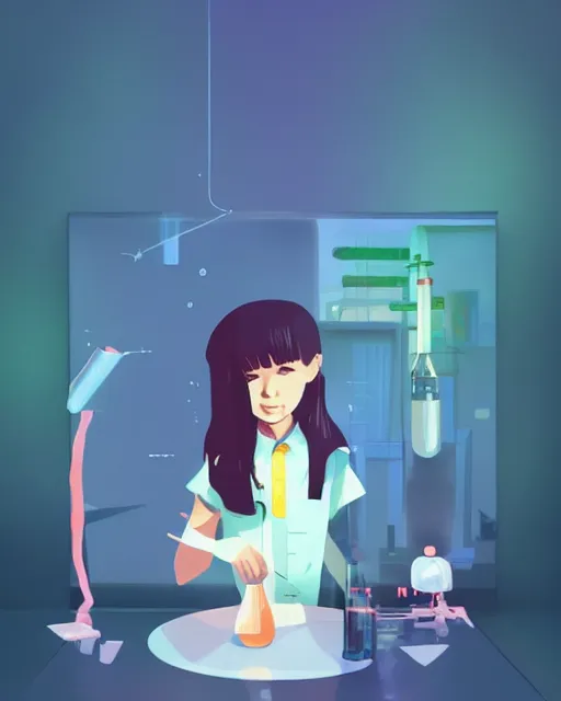 Image similar to a little girl is doing a science experiment. clean cel shaded vector art. minimalist illustration art by lois van baarle, artgerm, helen huang by makoto shinkai and ilya kuvshinov, rossdraws