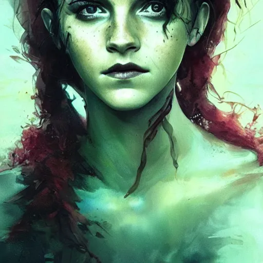 Image similar to emma watson as poison ivy. dark colors. menacing. haunting. frightening. trending on artstation. award winning. artgem. greg rutkowski. beksinski. extremely detailed. 4 k