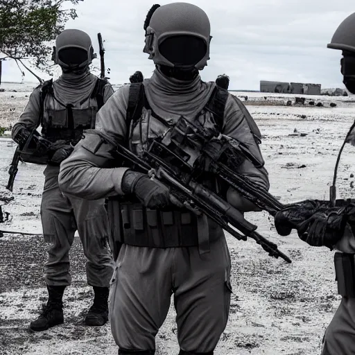 Image similar to Special Forces in grey uniform with black body armor committing war crimes in 2022, photo by Adam Ferguson, Pulitzer Winning, cinematic composition, breathtaking, modern, 2022