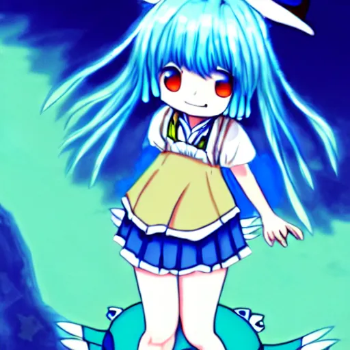 Prompt: Cirno from touhou illustration, blue hair, blue eyes, trending on pixiv, riding a giant frog